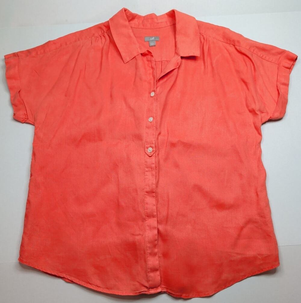 J.Jill Coral Salmon Pink Linen Short Sleeve Button Down Placket Shirt Size L